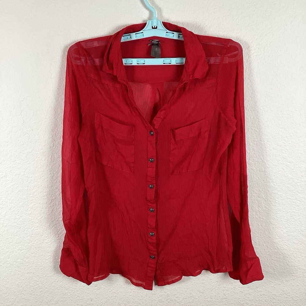 Vanity Womens Button Up Shirt Sz M Medium Long Sleeve Top Comfort Solid Red